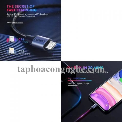 Ugreen 70522 0.5m cáp usb type c ra lightning 2.0 màu trắng 50cm US304 30070522